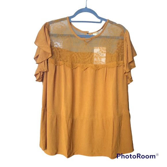 Anthropologie Tops - Anthropologie Rebellion Marigold Flutter Sleeve Lace Crochet Peplum Plus Size